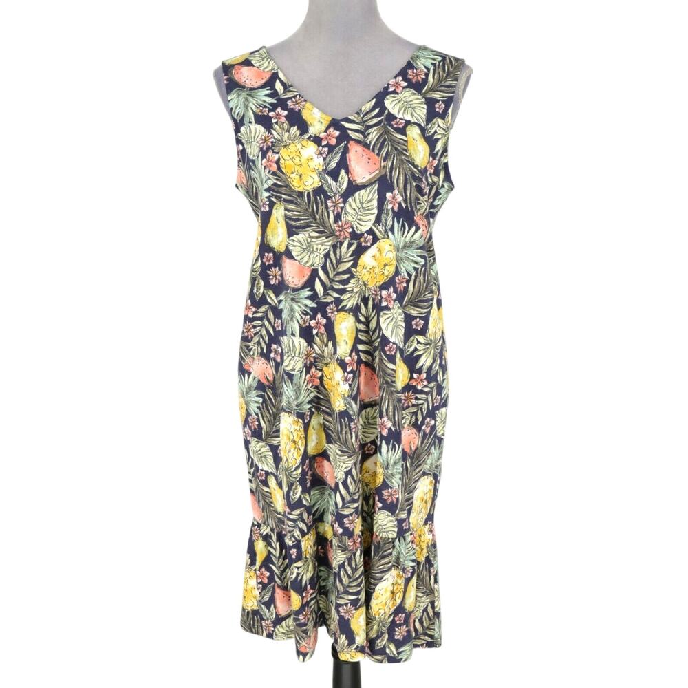 J Jill Dress Womens Small Green Pink Floral Stretch Knit Flounced Hem Pullover